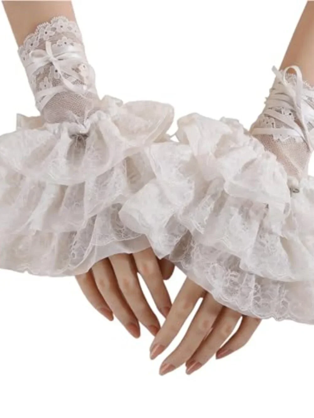 Women Lace Fingerless Gloves Ruffle Bow Cosplay Opera Gloves
